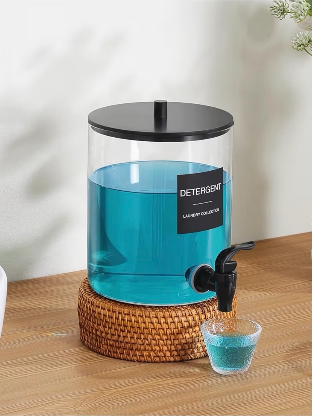 Clear Plastic Detergent Dispenser with Black Lid and Spigot